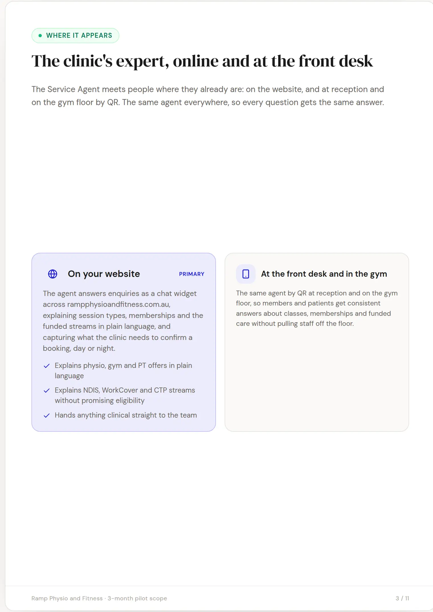 Ramp Physio and Fitness slide 3: The clinic's expert, online and at the front desk