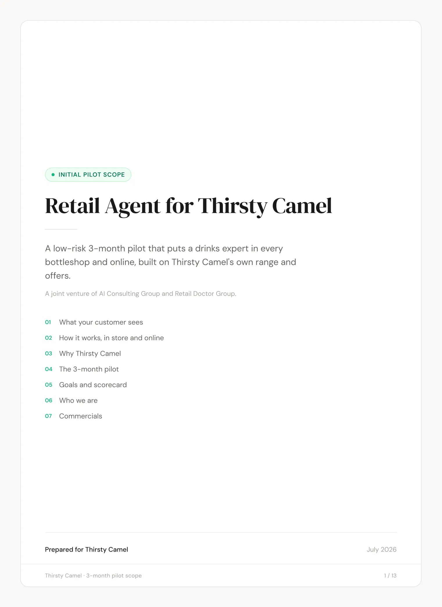 Thirsty Camel slide 1: Retail Agent for Thirsty Camel