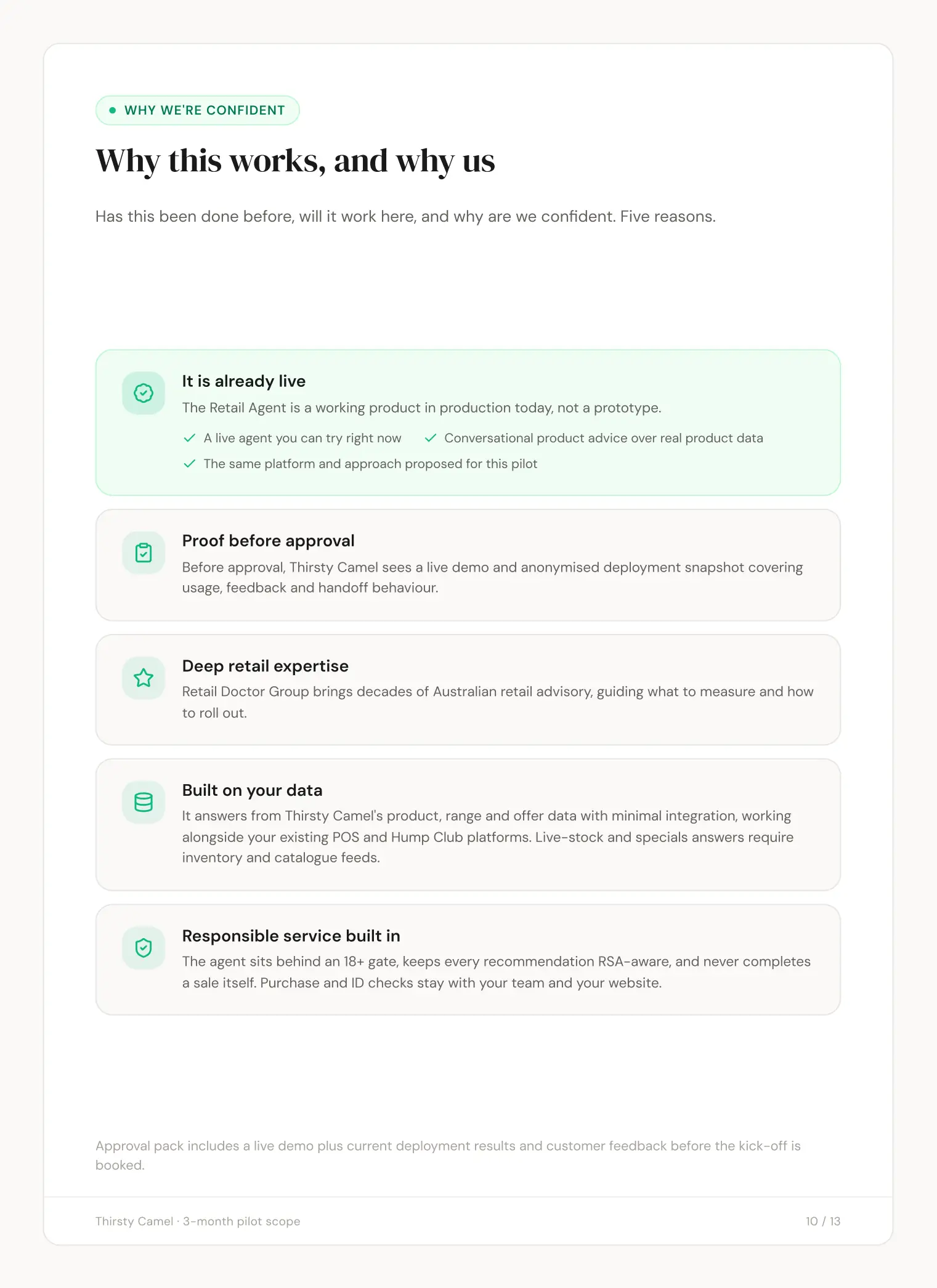 Thirsty Camel slide 10: Why this works, and why us